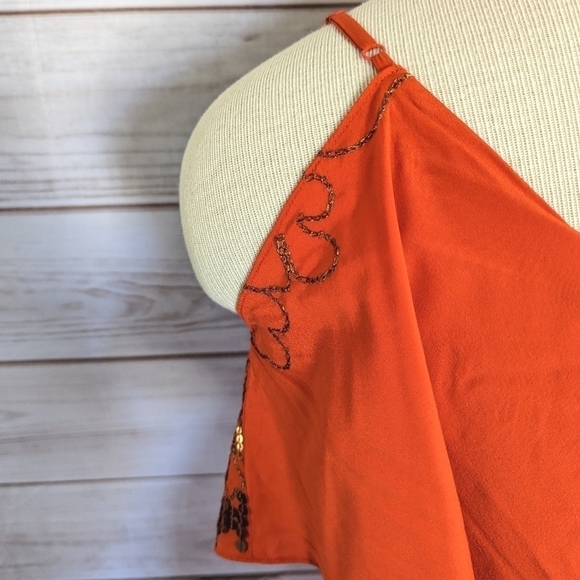 Karen Millen Embellished Flounce Silk Mini Dress in Burnt Orange Size 4 - Picture 8 of 14